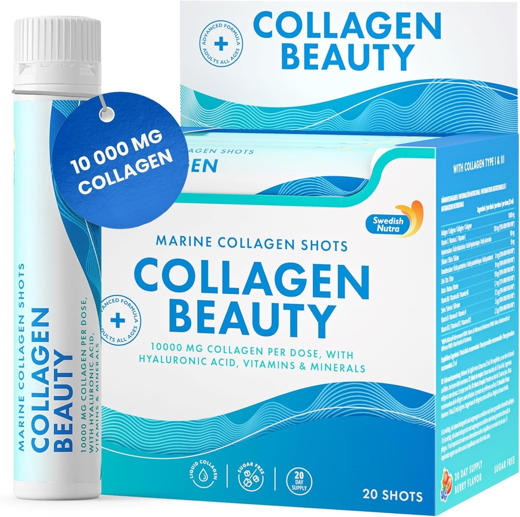 Sueco Nutra - Colágeno Beleza 10,000 mg Hidrolisado Marine Colágeno Líquido Suplemento - 20 x 25 ml Tiros diários □ Ácido hialurônico e vitamina C para apoiar Cabelo saudável, Pele, unhas □ Livre de açúcar