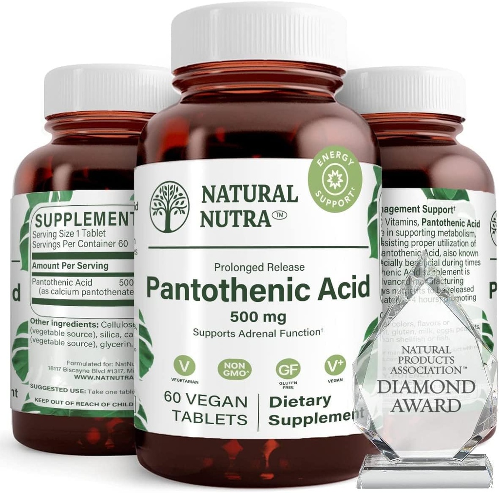 Natural Nutra Time Release Ácido Pantotênico 500 mg, Suplemento Vitamina B5 ajuda a quebrar gordura e carboidratos, metabolismo e energia, melhorar a saúde muscular, 60 comprimidos vegetarianos (3 pacote)