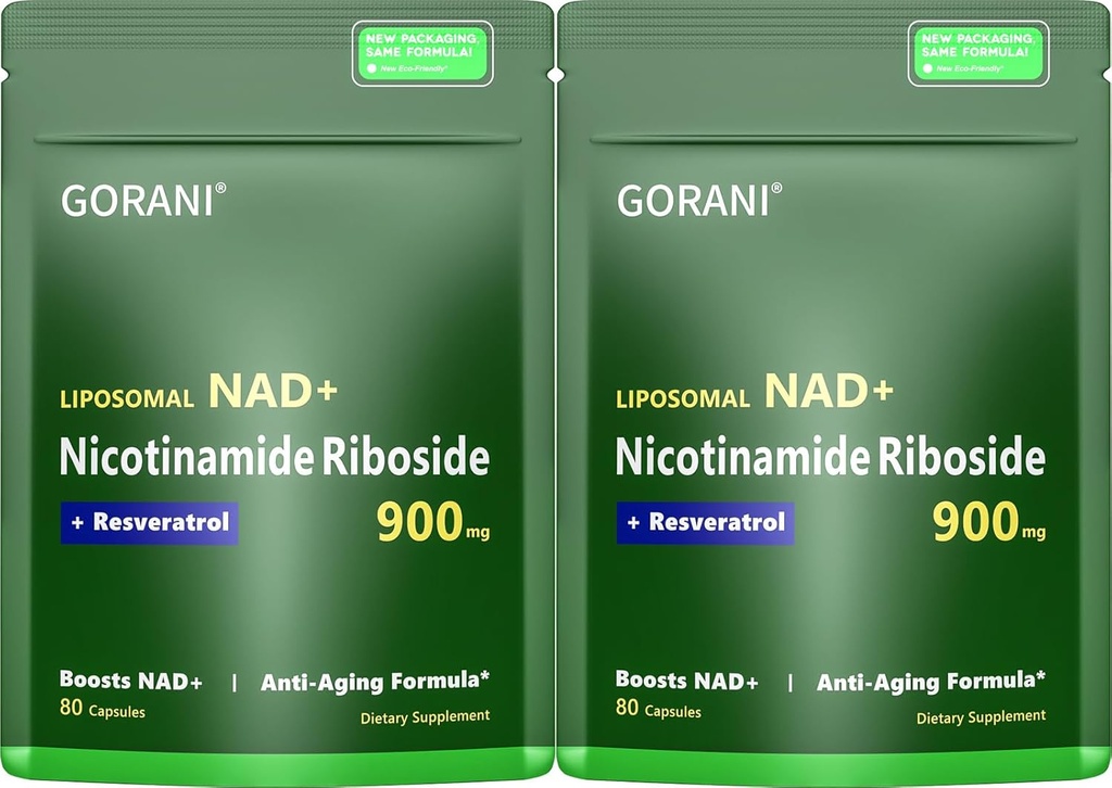 Gorani NAD+ Suplemento 900MG – Nicotinamida Ribosido, Resveratrol lipossomal e Quercetina – Suporta Energia Celular & Saúde Antioxidante – 80 Cápsulas
