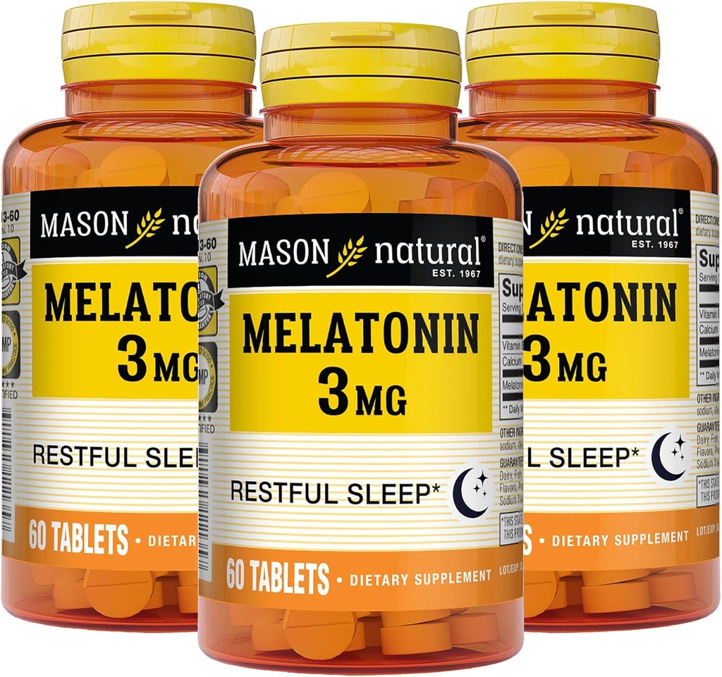 MASON NATURAL Melatonina 3 mg com B6 & Cálcio, Ajuda ao Sono Natural, Suporta o Sono Descansado, 60 Comprimidos (Pacote de 3)