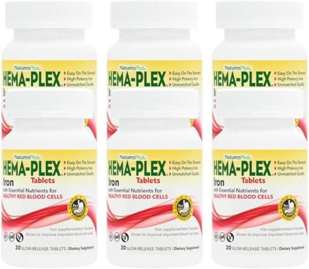 NaturesPlus Hema-Plex Iron - 30 Comprimidos de Libertação Mantida, Pacote de 6-85 mg Ferro Elemental - Saúde total do sangue - com vitamina C & Bioflavonóides - Vegan, Glúten Livre - 180 Total Servings