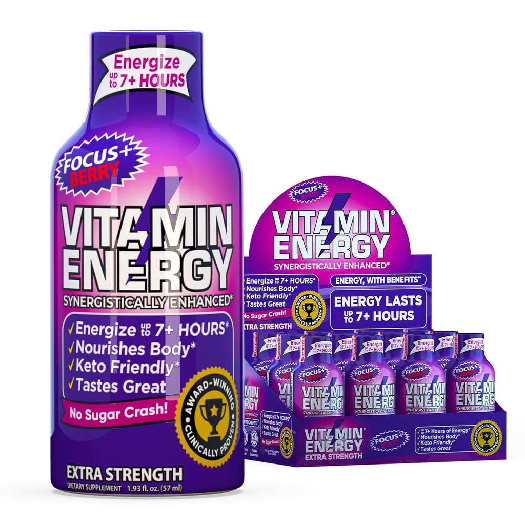 Vitamina Energia Focus+ Energia de força extra Tiro Berry 4 Pack, 260mg Cafeína Natural, B-Vitaminas, CoQ10, Aminoácidos, Foco, Produtividade e clareza, Açúcar Zero, Sem glúten, 1,93 fl oz