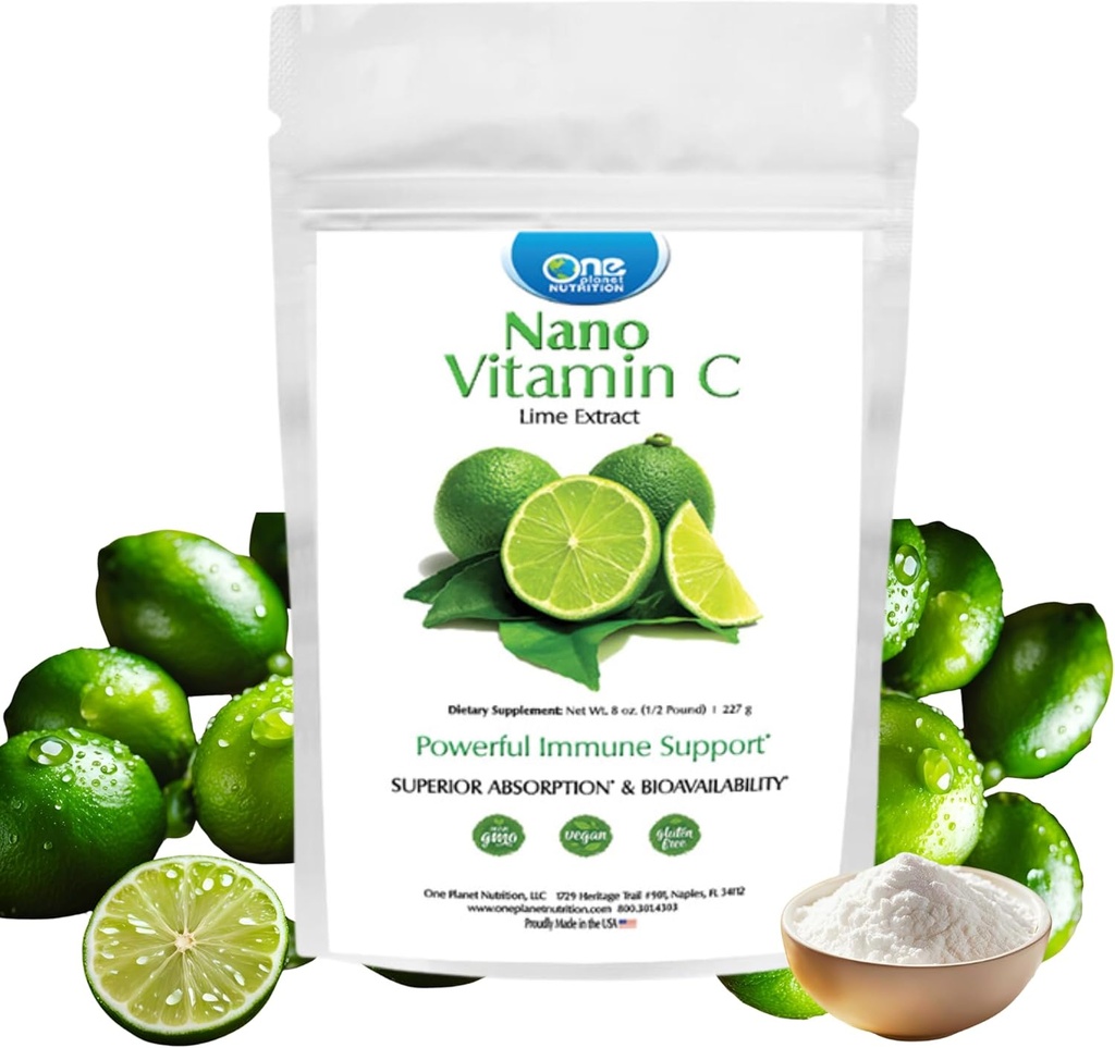 One Planet Nutrition Nano Vitamina C Pó de 8 onças (227 Servings), Ácido Ascórbico de Extrato de Lima, Nano para Absorção Melhorada, Suporta Produção de Colágeno e Saúde Imune, Não-GMO, Vegan