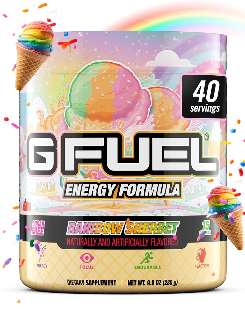 G Combustível Rainbow Sherbet Energia Beber Pó, Mistura de cafeína pré-treino para jogos, Sugar Free Focus Amino, Vitamina + Antioxidantes, 9.9oz (Rainbow Sherbet, 40 Servings)