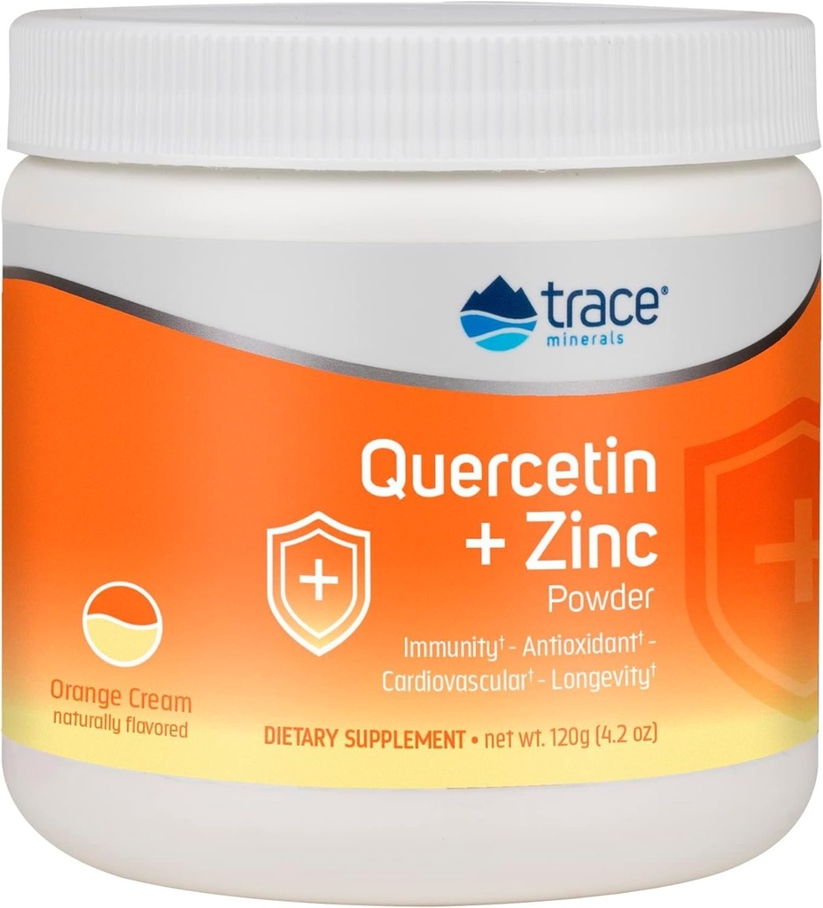 Trace Minerals Quercetin Plus Zinc Powder - Suplemento antioxidante para apoio imunológico - Suplemento mineral Ajudas Saúde cardiovascular - Inclui Vitamina C & Ionic - Creme de laranja, 120g (30 Servings)