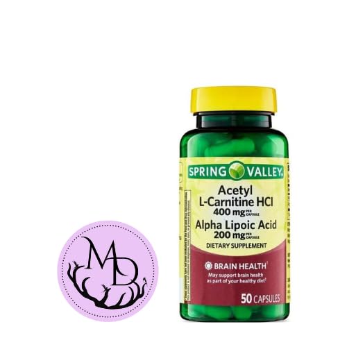 Genéricos Acetyl L-Carnitine HCI 400 mg + Ácido Alfa Lipoico 200 mg Cápsulas Spring Valley, 50 Count + Sticker Dri Store