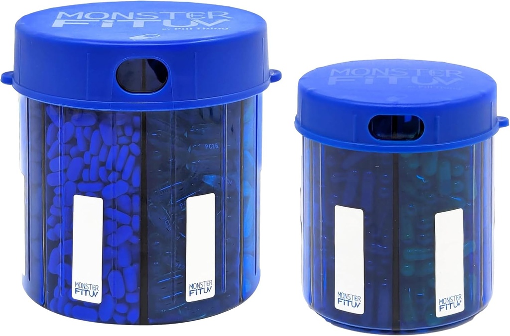 Dispensador de comprimidos de suplemento de monstro com rótulos de compartimento - Extra grande frasco de comprimido alças quase qualquer suplemento - Fácil de distribuir (Monster Blue & Monster Jr. Blue)