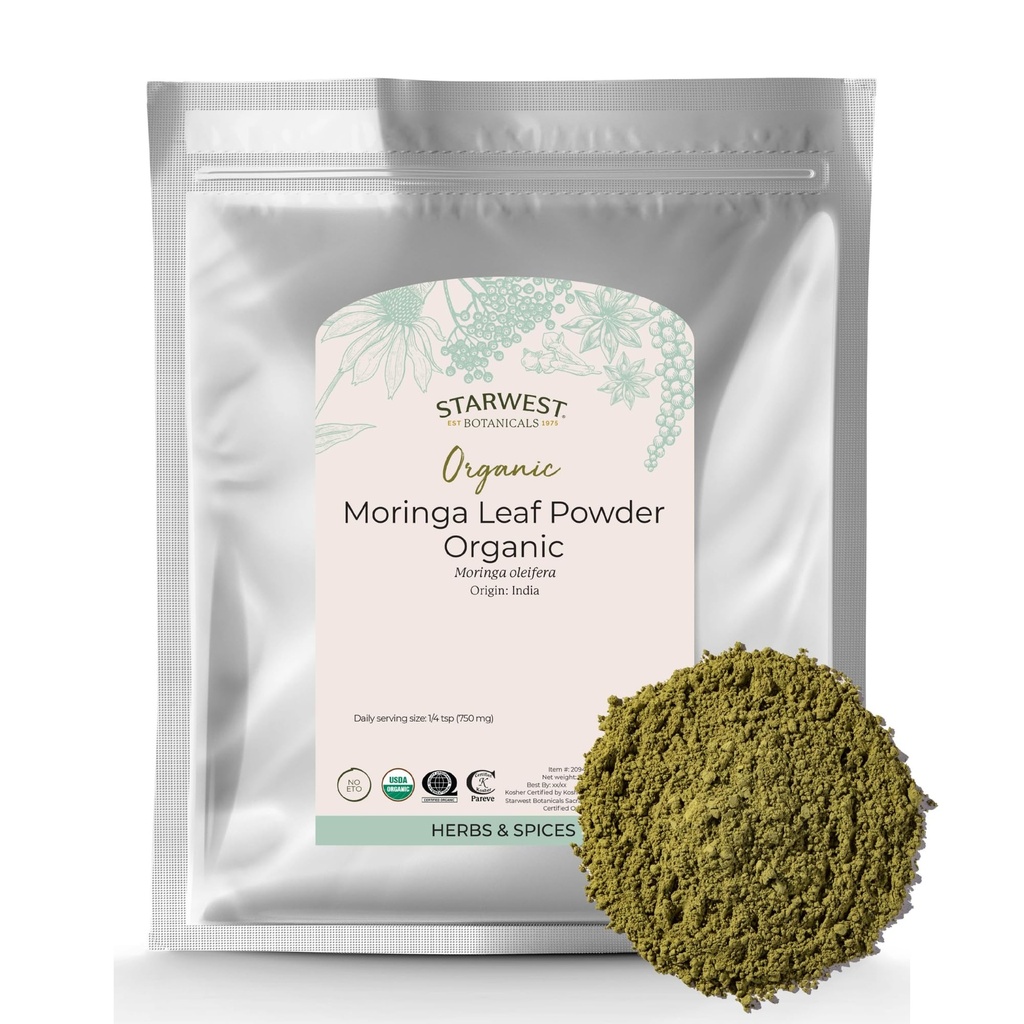 Starwest Botanicals Organic Moringa Leaf Powder - Green Superfood Powder for Tea, Cápsulas, Suco, & Smoothies, Fonte Natural de Antioxidantes, Kosher certificado, Não OGM - Bulk 1 lb Bag