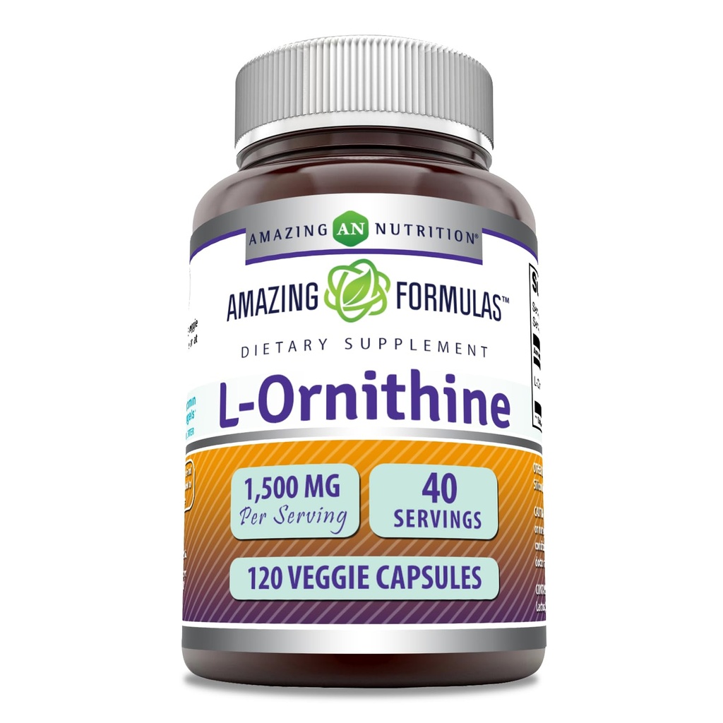 Fórmulas surpreendentes L-Ornithine 1500 Mg Por Servindo Cápsulas Veggie Suplemento □ Não-GMO □ Gluten Free □ Made in USA (120 Count)