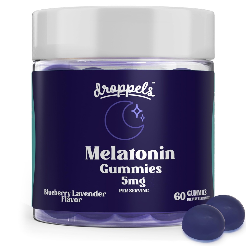 Gotas Melatonina Gummies, 5mg – Baseada em plantas, Vegan Melatonina 5mg para apoio natural ao sono com extrato de camomila, 60 Conde, sabor de mirtilo (1-fornecimento de mês)