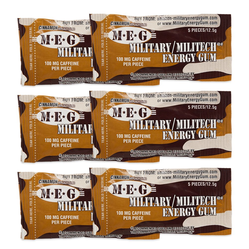 MEG - Gum de energia militar 100mg de cafeína por peça + Aumentar a energia + Aumentar o desempenho físico + Cinnamon 6 Pack (30 Count)