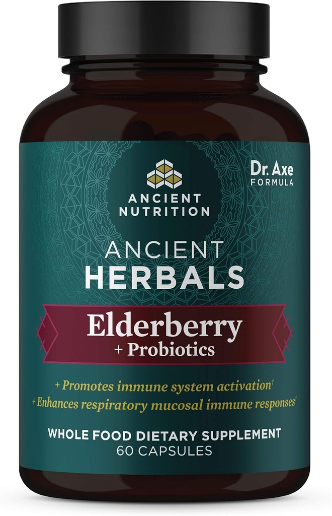 Nutrição antiga Elderberry e Probióticos Suplemento, Ervas antigas Black Elderberry Cápsulas, Suporte do sistema imunológico, Suplemento alimentar inteiro, Sem glúten, Paleo e Keto Friendly, 60 Cápsulas