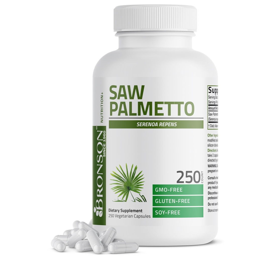 Bronson Saw Palmetto Força Extra Suporta Função de Próstata Saudável & Apoio à Saúde Urinária - Não OGM, 250 Cápsulas Vegetarianas