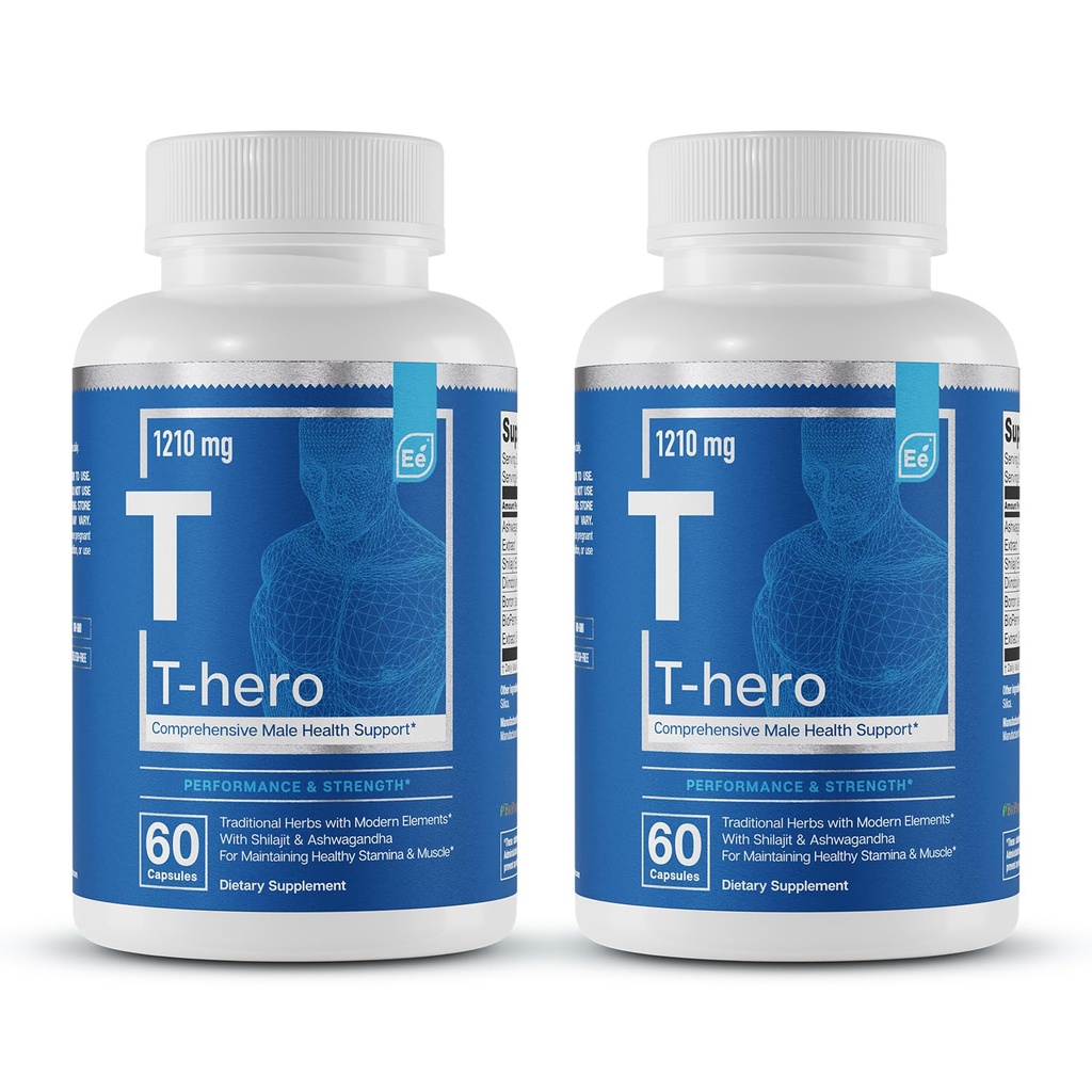 Elementos Essenciais T-Hero - Apoio diário à testosterona para homens - Promove Vitalidade e Unidade - com Ashwagandha, Shilajit, Boron, DIM - 60 Conde - 30 Servimentos (2-Pack)