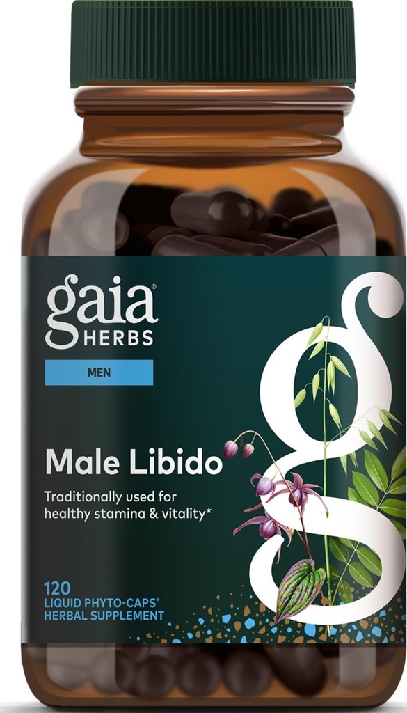 Gaia Herbs Male Libido - Suplemento de ervas com serra Palmetto, Erva de cabra tesão, Maca & Aveia - Suporta resistência, Vitalidade e equilíbrio hormonal para homens - 120 Vegan líquido Phyto-Capsules (30-dia de fornecimento)