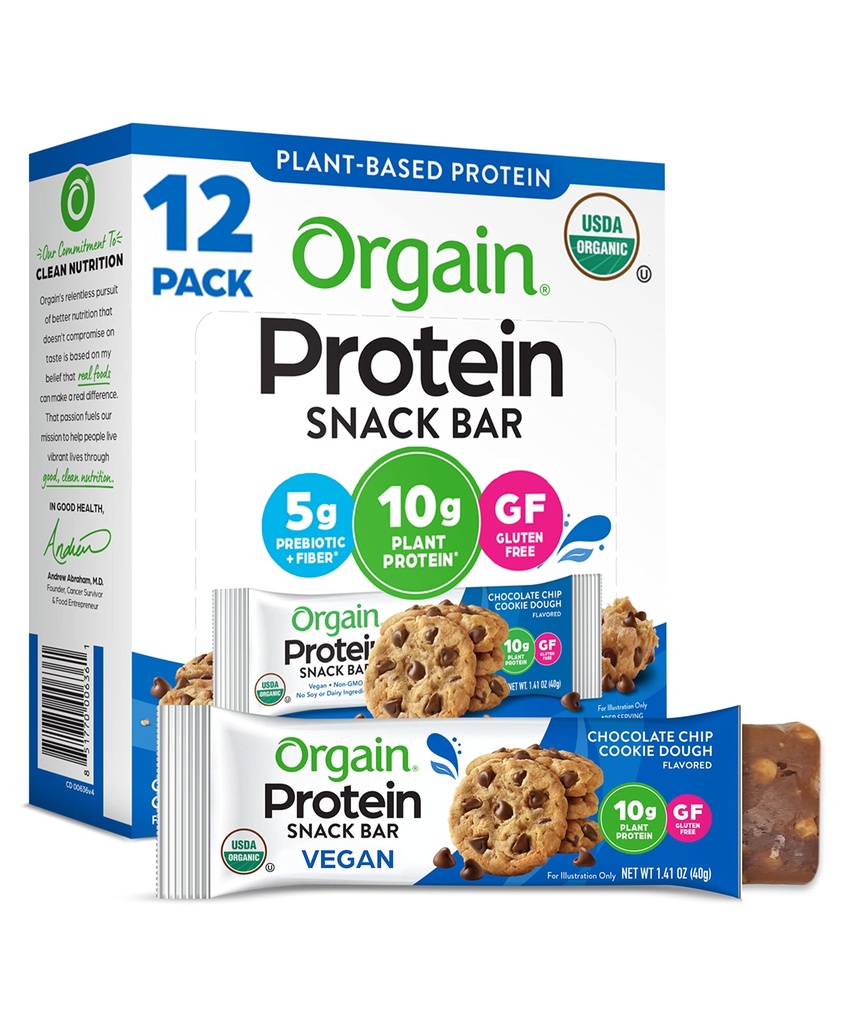 Orgain Orgânica Vegan Protein Bares, Chocolate Chip Cookie Dough - 10g Proteína Baseada em Planta, Baixa Caloria Salutar Snacks, Sem Lactose ou Ingredientes de Soja, Glúten Livre, Não-GMO - 1.41 Oz (Pacote de 12)