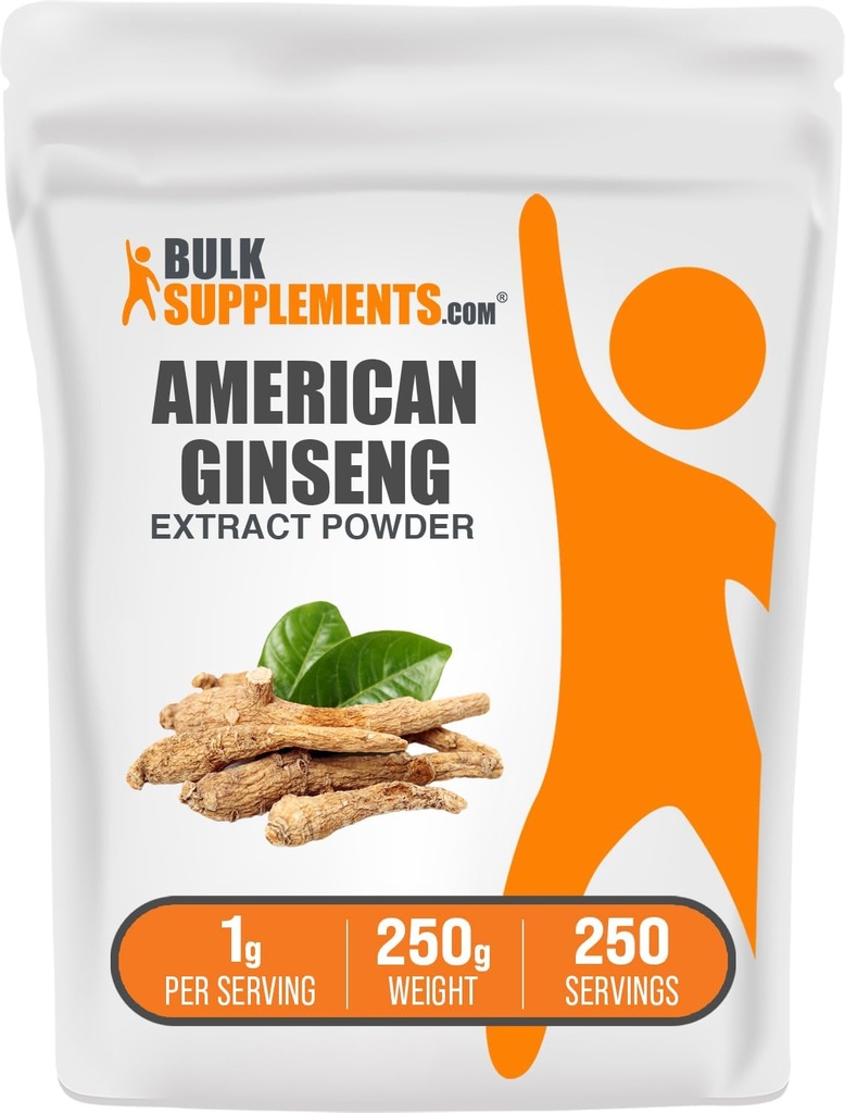 BulkSuplementos.com Extrato de Ginseng American Pó - Suplemento de Ginseng, Suplementos de ervas - Gluten Free, 1g por serviço, 250g (8.8 onças) (Pacote de 1)