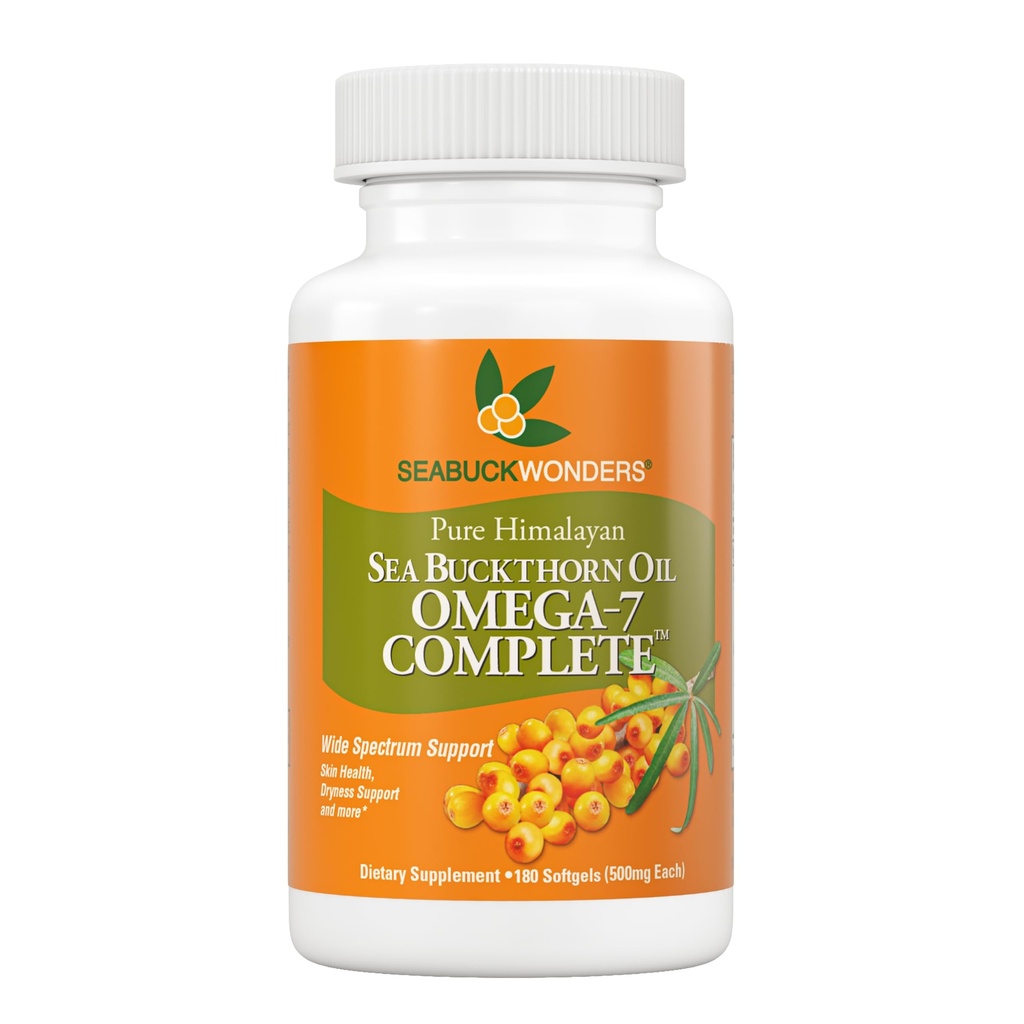 SeabuckWonders Organic Sea Buckthorn Oil, Omega-7 Complete Softgels, 180 Count, com Omega 3, 6 & 9, Suporta cabelo, pele & saúde unhas, 1000mg por serviço