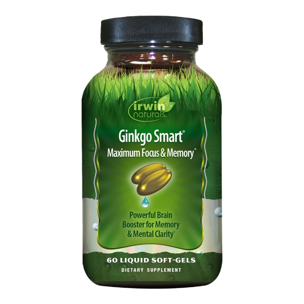 Irwin Naturals Ginkgo Smart Powerful Nootropic Brain Booster - Suporta Memória Máxima, Foco e Clareza Mental com DMAE, Clubmoss, Choline & Acetil L-Carnitina - 60 Liquid Softgels
