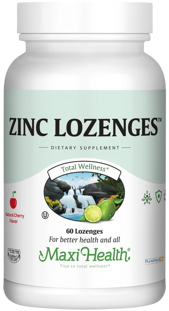 Maxi-Health Zinc Lozenges - Citrato de zinco 10mg - com vitamina C - sabor de cereja - 60 Mastigables - Kosher