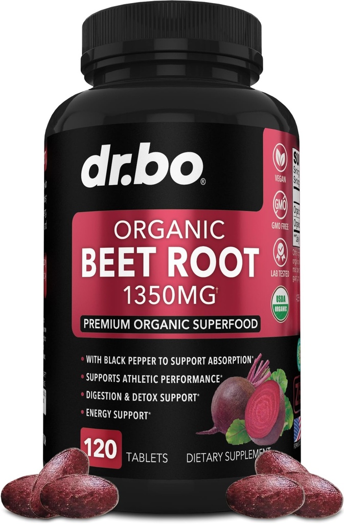 Cápsulas Orgânicas de Beterraba Raiz Suplementos - 1350mg Beterraba em pó Extrair Pílulas, Suplemento Orgânico de Beterraba em pó Raiz, Super Nitric Oxide Beterrabas de alta circulação Suporte total de vitaminas - 120 comprimidos de beterraba