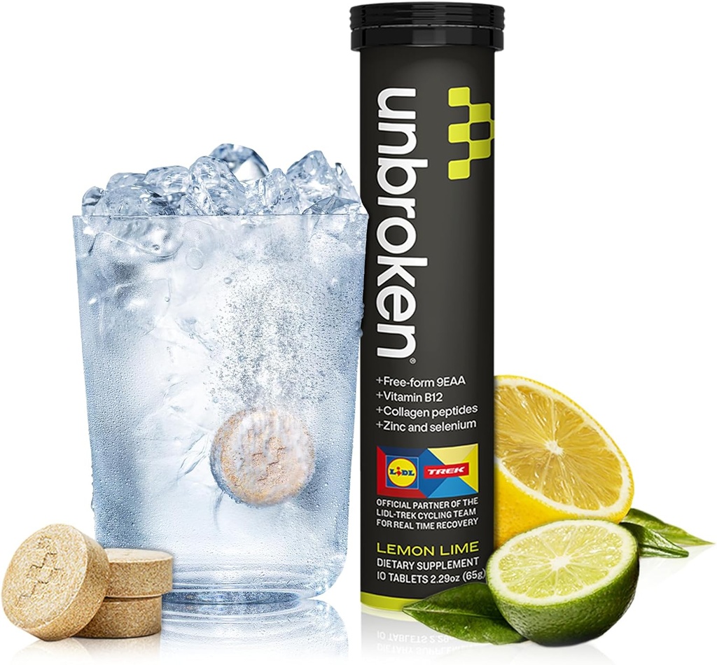 UNBROKEN 9EAA/BCAA Recuperation Tablets (60% FREE-FORM/40% Di- & Tri-Peptides), Suplemento de Aminoácidos para Recuperação Mais Rápida e Menos Dores Músculos, Pós e Pré-Trabalho para Homens e Mulheres, 10 Ser., Limão