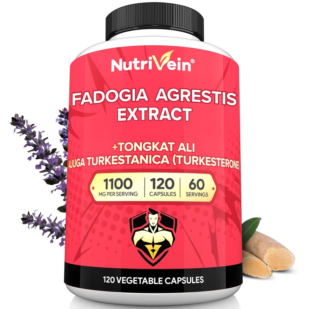 Nutrivein Premium Fadogia Agrestis e Tongkat Ali Suplemento com Turkesterone - 1100 mg - 120 Caps - Mistura Sinergística para Desempenho, Força, & Recuperação para Homens e Mulheres de Todas as Idades