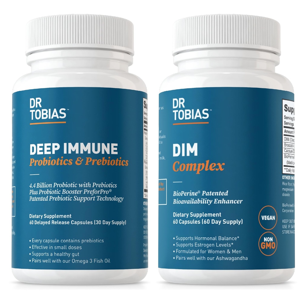Dr. Tobias Deep Imune Probióticos & Prebióticos e Complexo DIM, Suporta Saúde Digestiva, Gut Imune Função, Equilíbrio hormonal para mulheres e homens