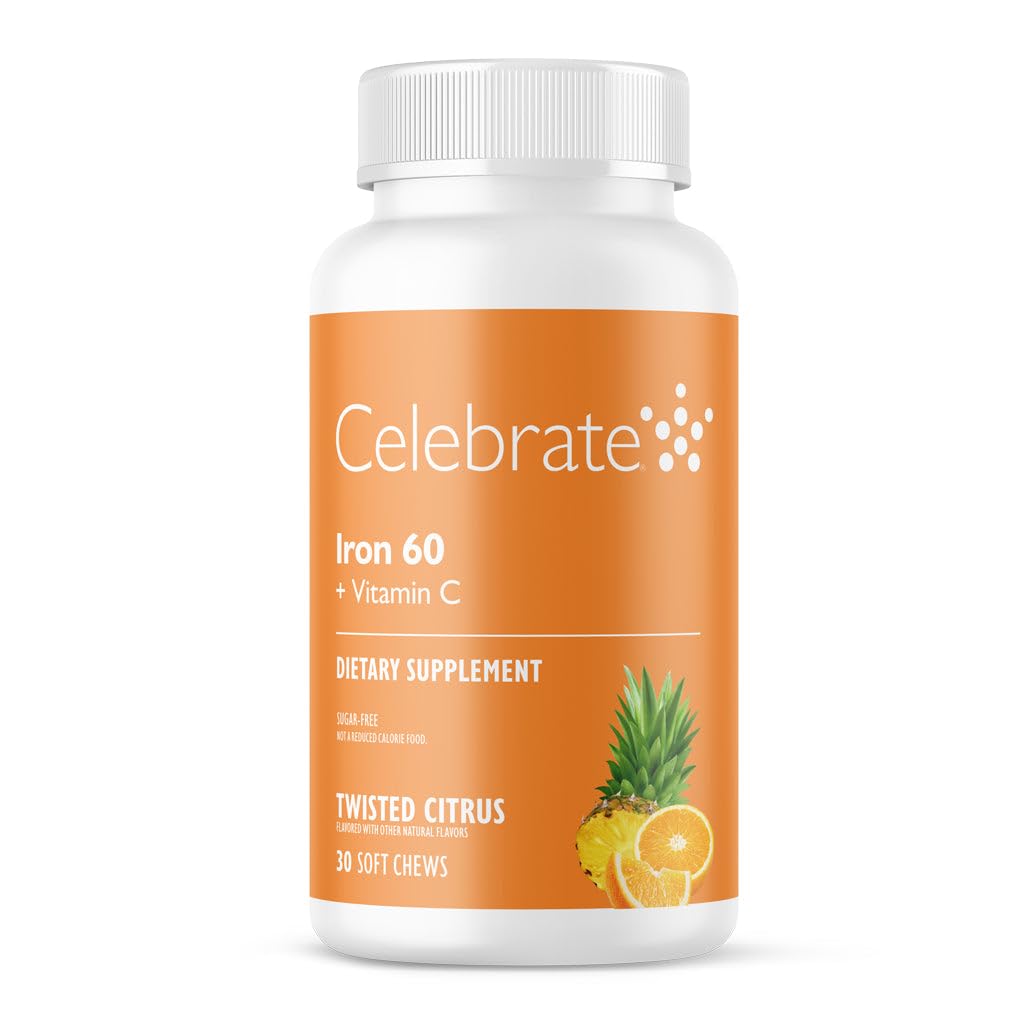 Celebre Vitaminas Suplemento de Ferro com 60mg Ferro & Vitamina C – Citrus Mastigables para pacientes bariátricos, Bypass gástrico & Gastrectomia de manga Suporte 30 comprimidos para pós-cirurgia