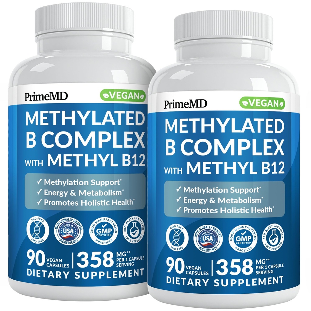 Complexo B metilado com metilfolato e B12 Metilcobalamina 1000 mcg - Multivitamina metilada para Energia, Função Cérebro e Bem-Estar - Complexo Vitamina B para Homens e Mulheres (180 Servos, Pacote de 2)