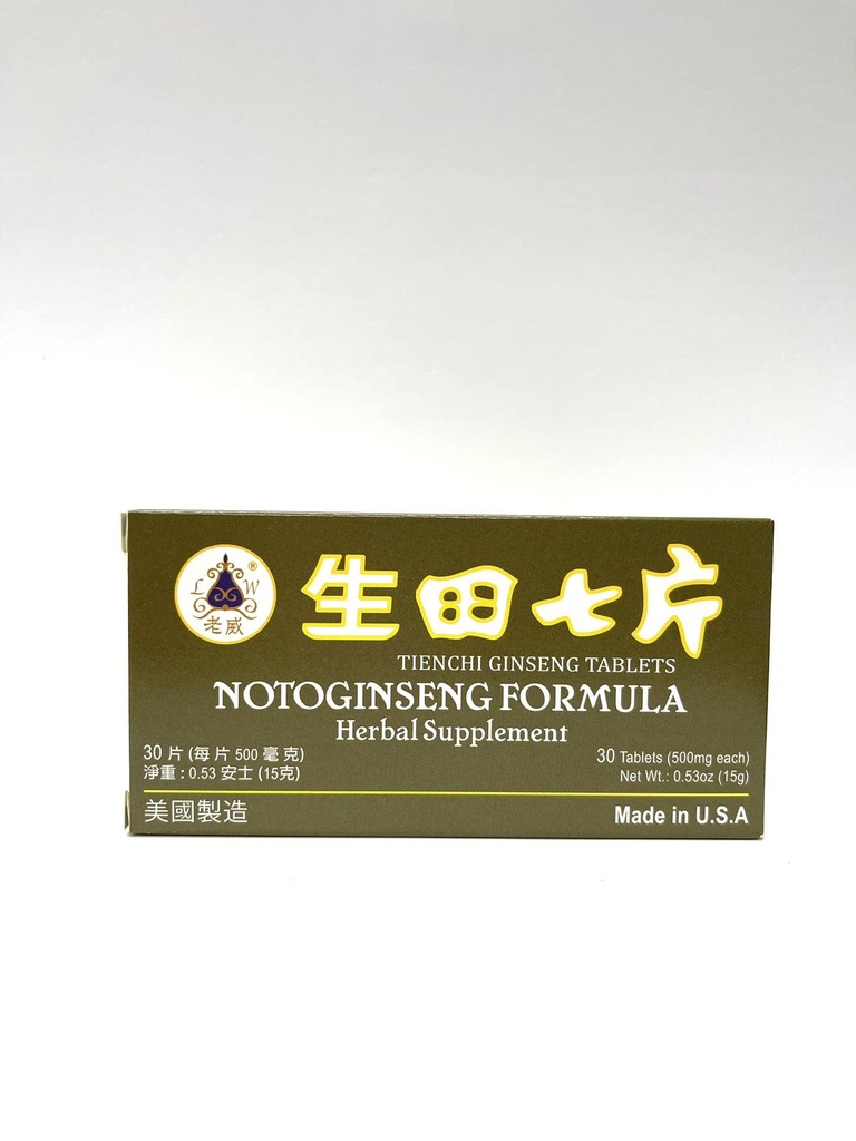 Fórmula Lao Wei Notoginseng - Tienchi Ginseng Tablets Suplemento de ervas Ajuda para promover a circulação e o bem-estar geral do corpo 500mg 30 Tablets Made in USA