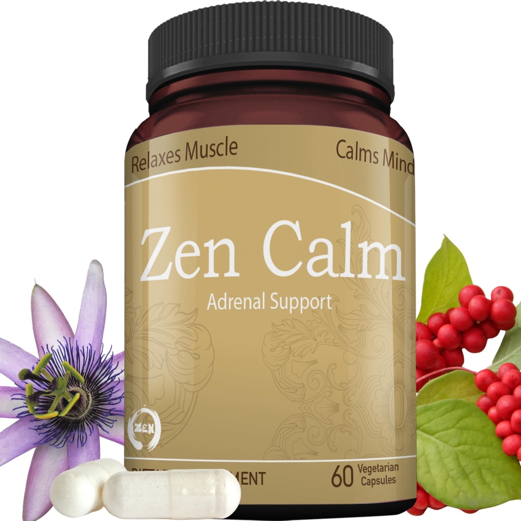 Zen Calm Stress Suporte Adrenal Suplemento Ervas Orgânicas Adaptogênicas - Magnésio, B Vitaminas, GABA e mais para apoiar uma calma natural. Não está a dormir. Não OGM (60 caps vegetarianos)