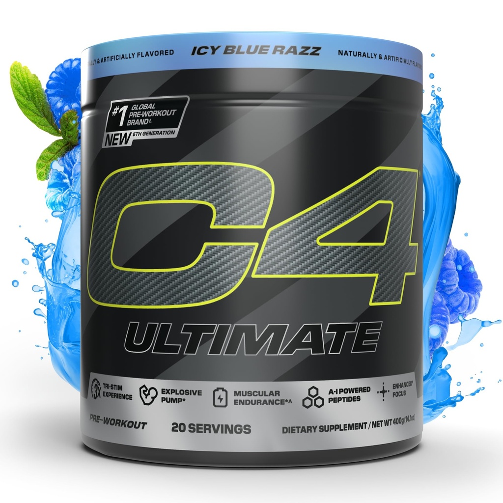 Cellucor C4 Ultimate Pre Treino Pó - Açúcar Free Pré-treino Suplemento de Energia para Homens e Mulheres - 300mg Cafeína + CháCrina + Dynamine + Creatina - ICY Blue Razz, 20 Servings