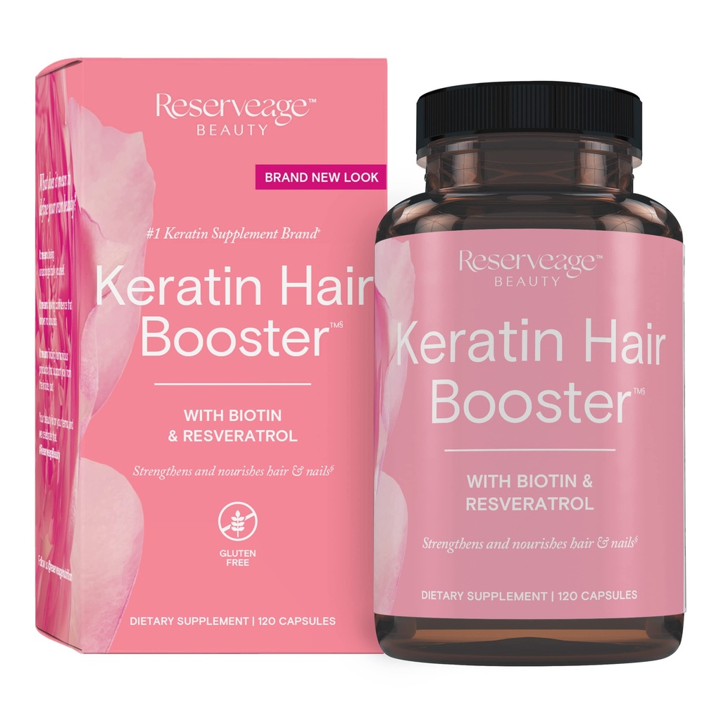 Reservage Beauty Queratin Hair Booster com Biotin & Resveratrol - Suplemento de crescimento de cabelo e unhas para mulheres - Suporta espessura saudável e brilho com Biotin - 120 Cápsulas (60 Servings)