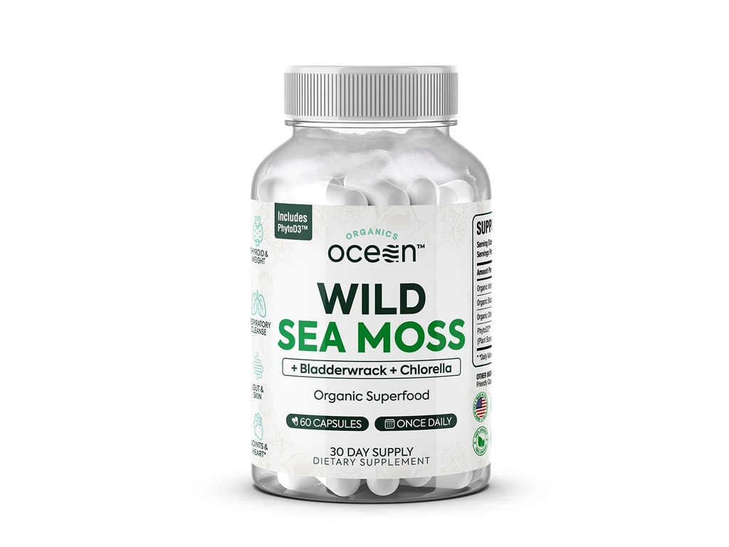 Organics Ocean Wild Sea Moss Cápsulas - 100% Organic Irish Sea Moss com chlorela orgânica, Bladderwrack e vitamina D para energia, saúde pulmonar e suporte de tireóide para mulheres e homens - 60 Cápsulas