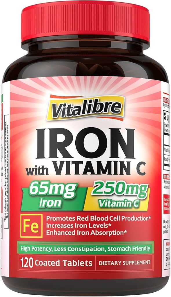 Suplemento de ferro 65mg com vitamina C, ferro carbônico amigável estômago, alta potência e absorção, para níveis de ferro e energia saudáveis, suporta a produção de células sanguíneas vermelhas, 120 comprimidos