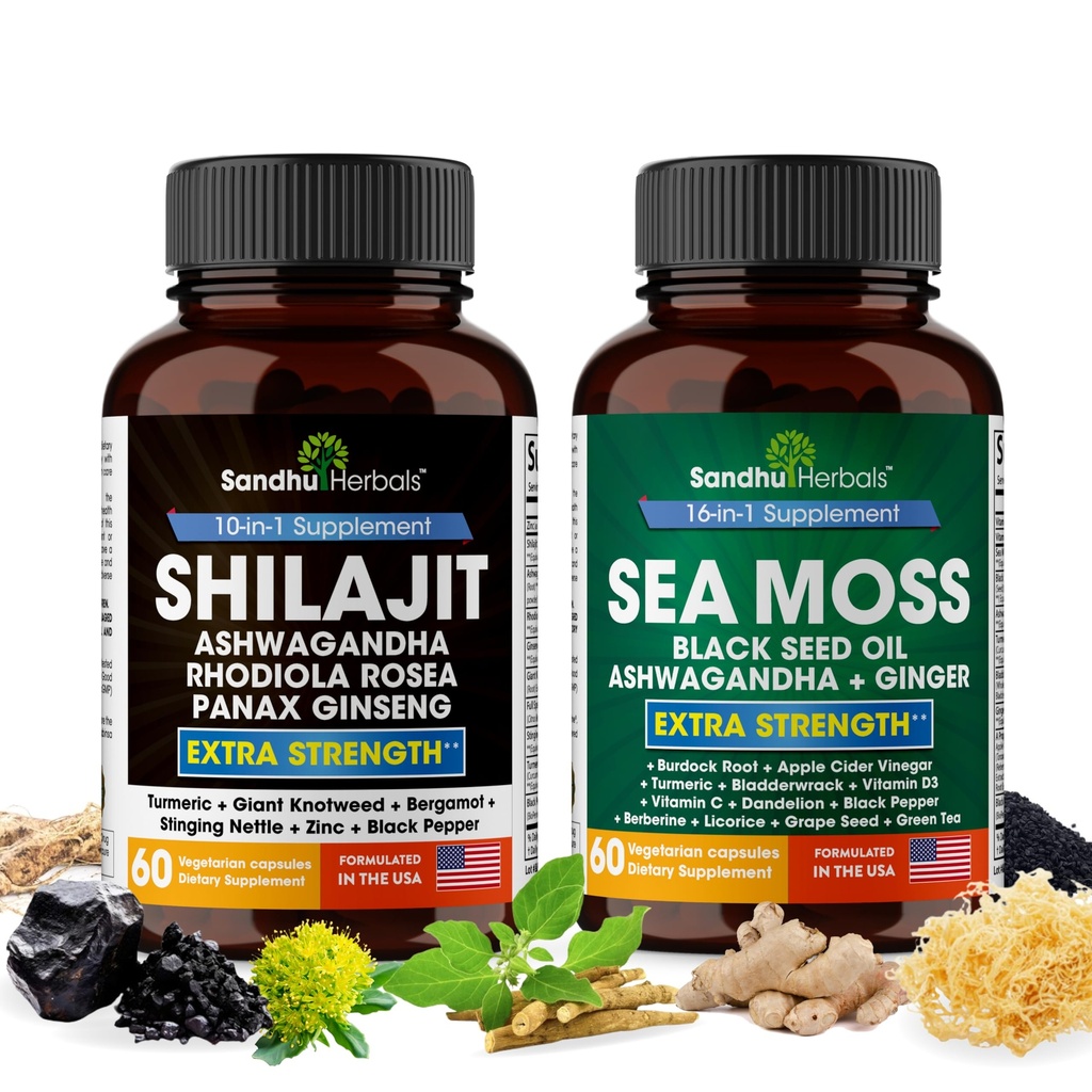Shilajit Sea Moss Ashwagandha Combo Bundle - Black Seed Oil, Açafrão, Rhodiola Rosea, Panax, Ginseng Suplemento 120 Cápsulas, Melhor do que Gummies, Resina