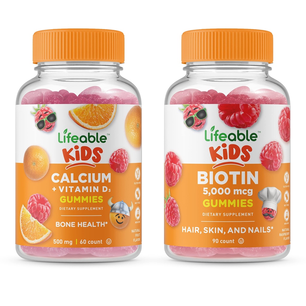 Biotina Lifeable Kids + cálcio com vitamina D Kids, chicletes Bundle - Grande degustação, Suplemento de vitamina, Gluten Free, GMO Free, chiclete mastigável