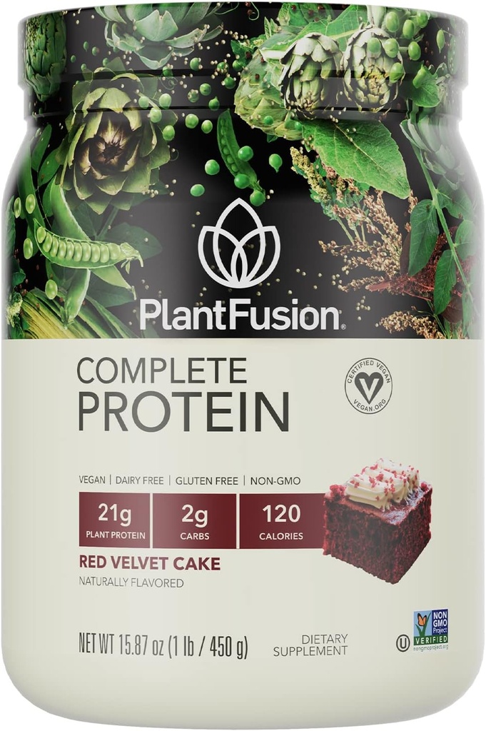 PlantaFusion Complete Vegan Protein Powder - Pó de proteína baseada em plantas com BCAAs, Enzimas Digestivas e proteína de ervilha - Keto, Sem glúten, Soja livre, Não lácteos, Sem açúcar, Não-GMO - Veludo vermelho 1 lb