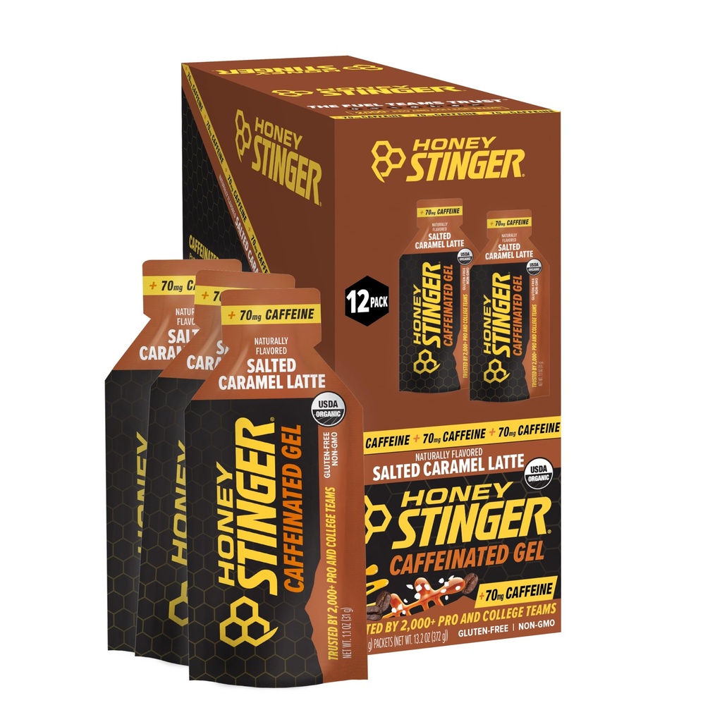 Honey Stinger Organic Salted Caramel Energy Gel, Cafeinado e Glúten Livre, para exercício, execução e desempenho, Nutrição Desportiva para Casa e Ginásio, Pré e Mid Workout, 12 Pack, 13.2 Ounce