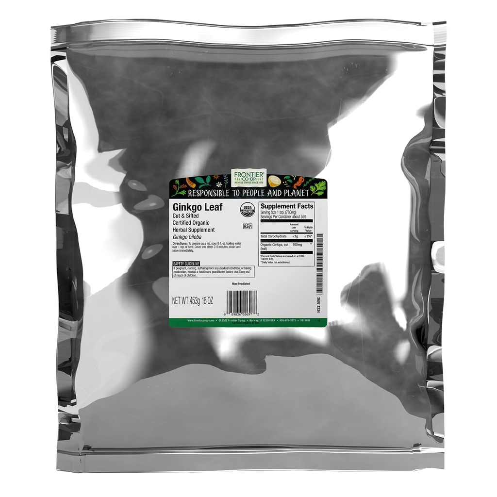Frontier Co-op Folha de Ginkgo Orgânico, saco de 1 lb em massa, corte e peneirado
