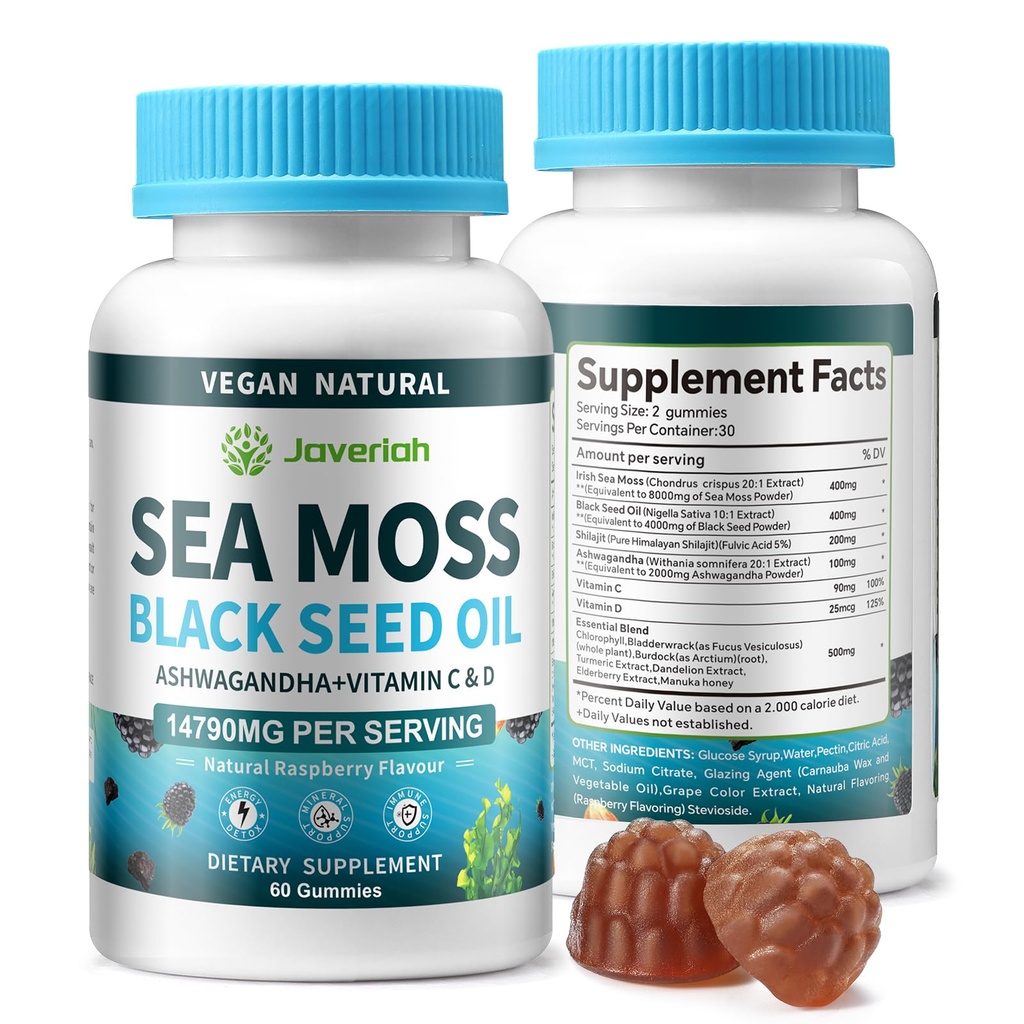 Vegan Ashwagandha Sea Moss Gummies - Óleo de semente preta, Vitamina C&D para apoio imunológico, Digestivo, Antioxidante 13 em 1 pacote, Mar Moss Chlorophyll Força avançada Fórmula 2Pack 120 chicletes