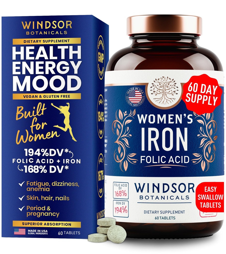 Suplementos de ferro e ácido fólico para as mulheres - 35mg gentil Vitamina de ferro, ácido fólico 400mcg - Anemia, período, suplemento de suporte de gravidez, comprimidos de sulfato ferroso - 60 comprimidos Vegan não-constipantes