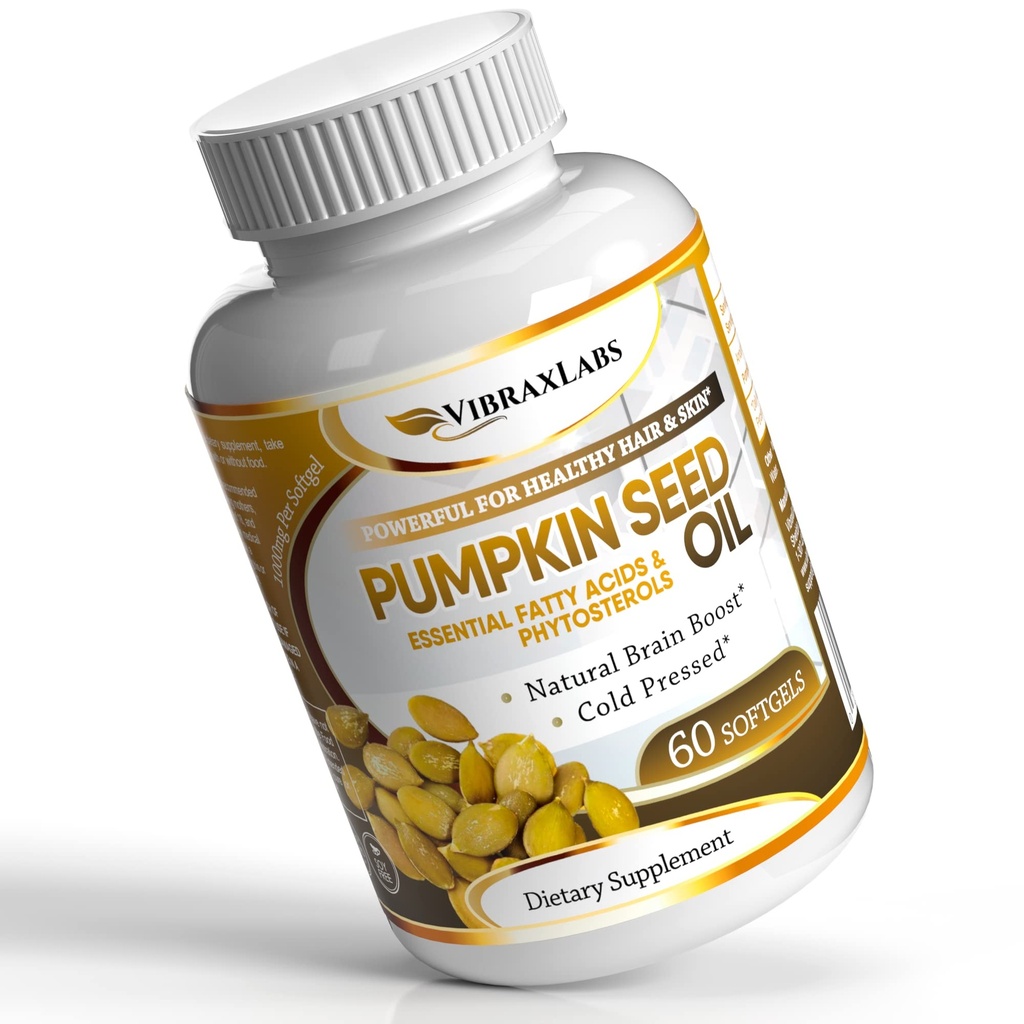 Vibraxlabs Pumpkin Seed Oil - 100% frio prensado Puro 1000mg Extração - Melhor para o crescimento do cabelo, mais jovem olhando para a pele e rosto, Bladder Control Supplement, 60 Softgels