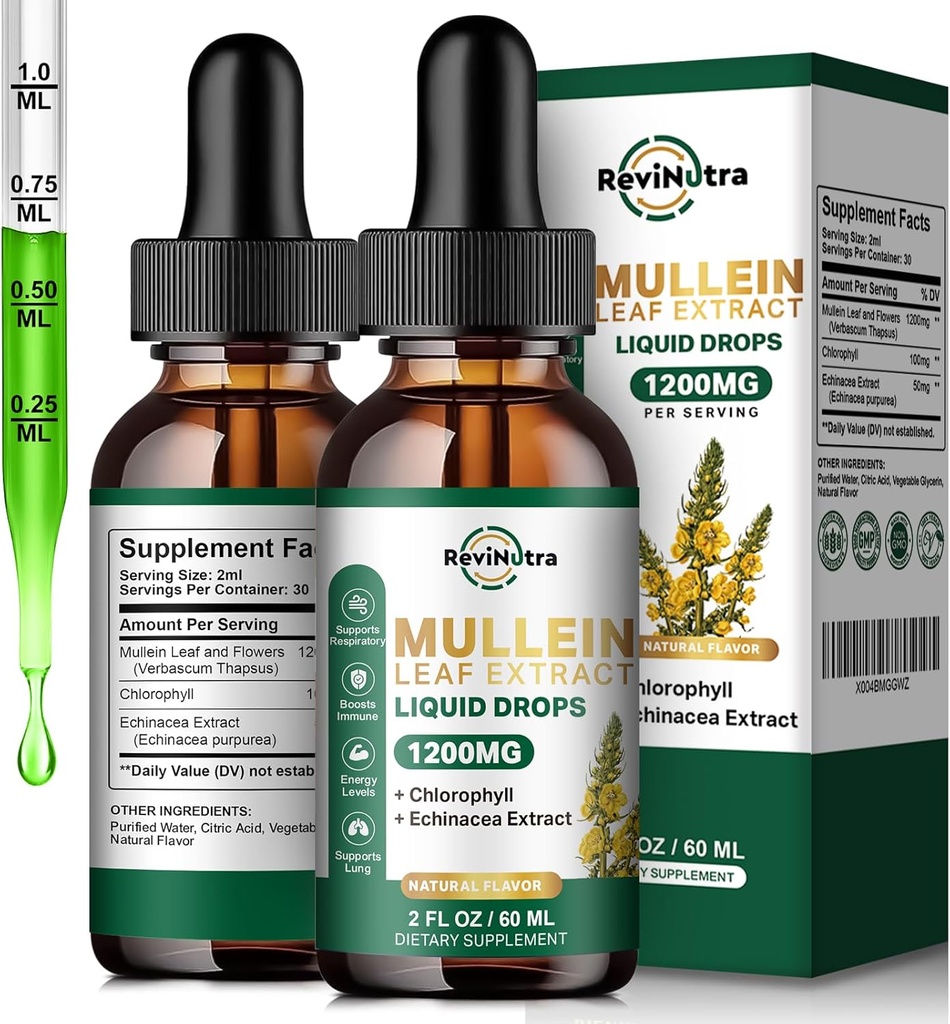 2 Pack Mullein Drops para Pulmões, 1200mg Mullein Leaf Extrair Drops Líquidos com clorofila para Lung Cleanse & Detox, Suporte para Respiratório, Imune, Sistema Digestivo