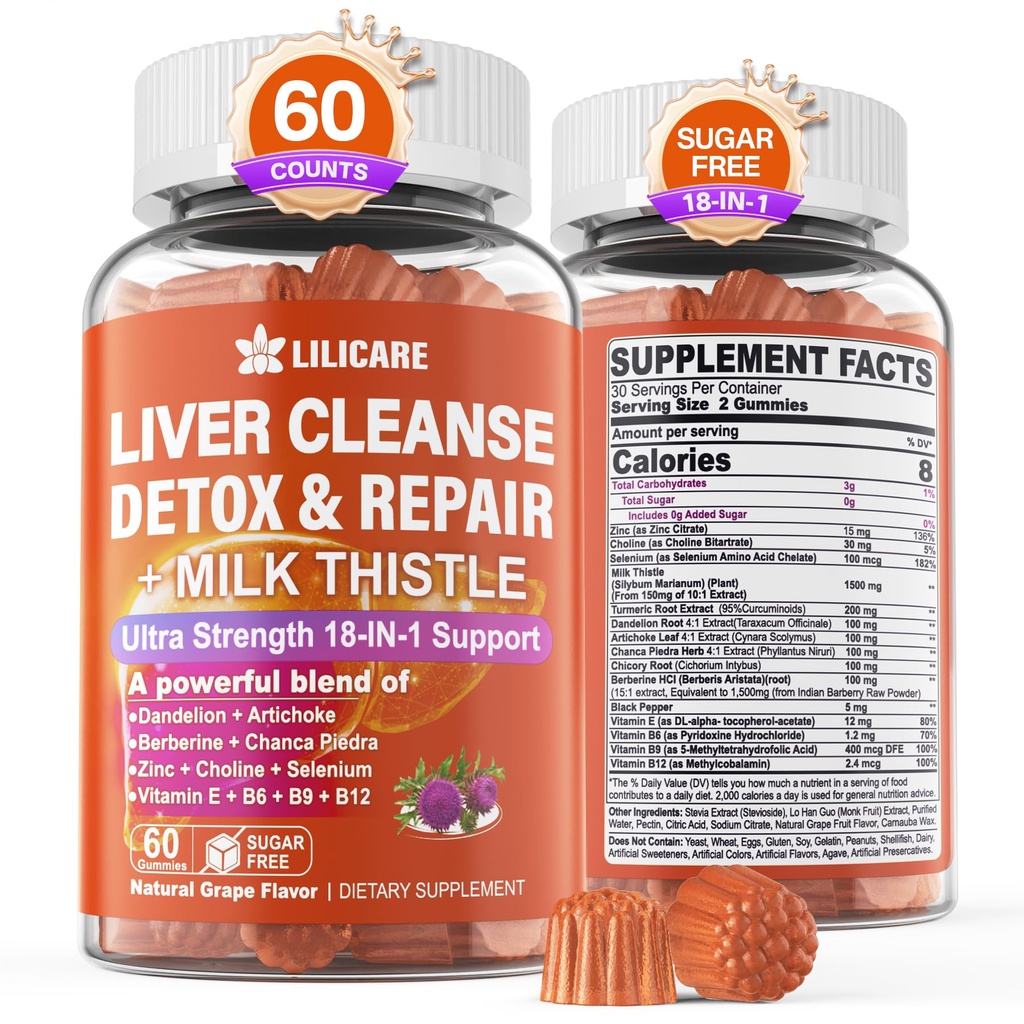 1Pack Milk Thistle Liver Detox Gummies, 18-em-1 Liver Cleanse Detox & Repair Supplement with Berberine, Chicory Root, Alcaçuz, Alcachofra, Raíz de dente-de-leão, Chanca Piedra, Vitaminas B6 B12 - Açúcar grátis