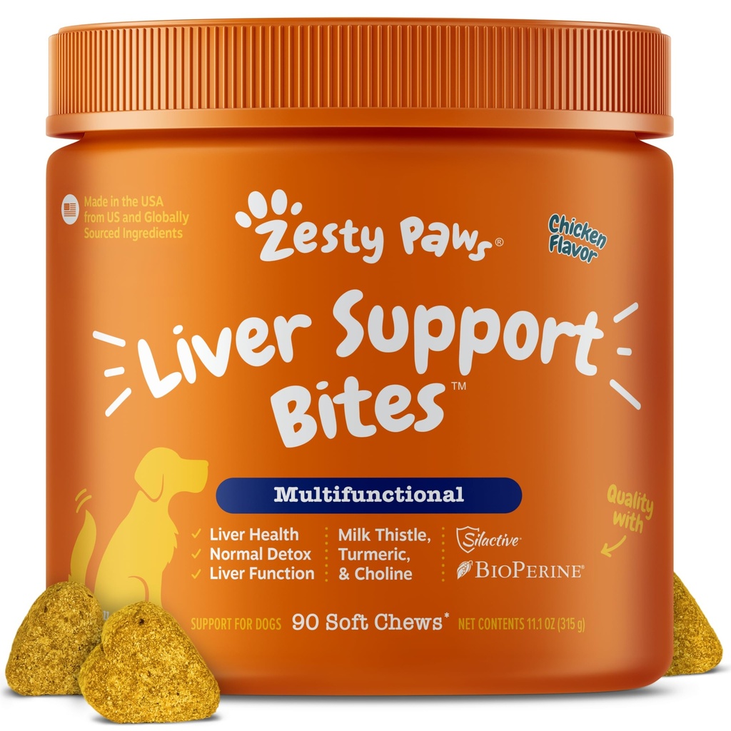 Zesty Paws Suplemento de suporte de fígado para cães - com extrato de cardo de leite, curcumina açafrão, cholina - fórmula de mastigação suave - para função de fígado de cão