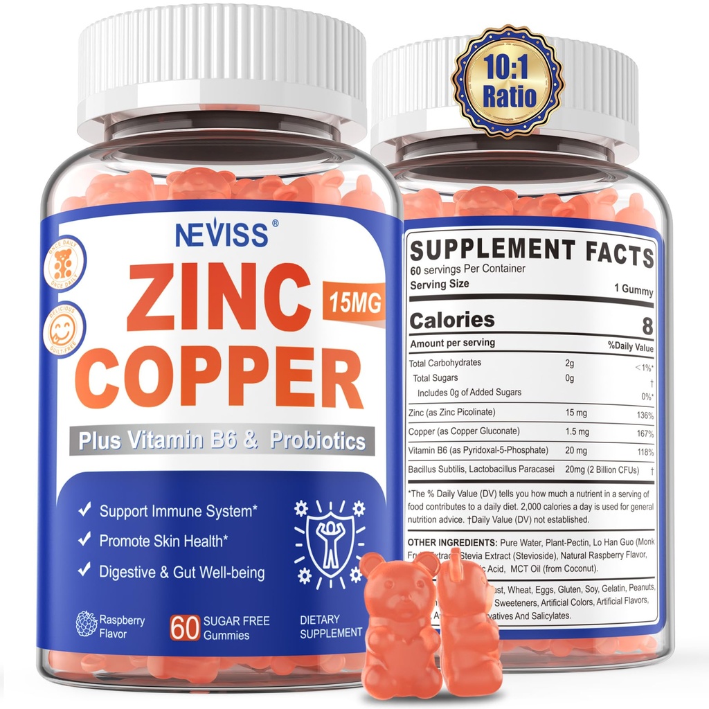 Gummies de zinco com cobre + Probióticos, Vitamina B6 para Max Absorção, Suplementos de zinco para homens e mulheres, Dois Minerais Essenciais Equilíbrio Fórmula para Imunidade e Gut Saúde, Vegan, Não-GMO, 120 Cts