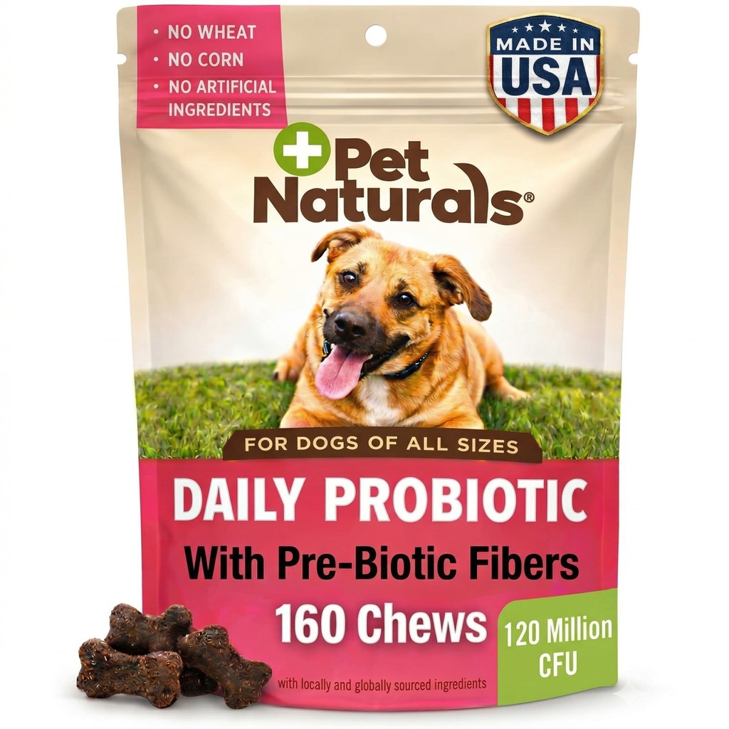 Pet Naturals Probiótico diário para cães, sabor de pato, 160 mastigações - 120M UFCs Pré e Probióticos para cães Saúde Digestiva, Gut Saúde, Suporte Imune, Diarréia, Alergias e Coceira