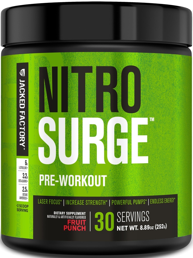 Fábrica Jacked NITROSURGE Pre Treino Suplemento - Energia sem fim, Ganhos de força instantâneos, Foco claro e Bombas Intensas - NO Booster & Powerful Pré-treino Energia Pó - 30 Servings, Fruit Punch